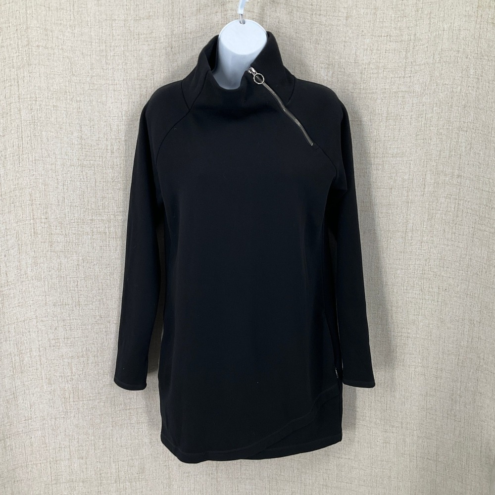 Athleta Tunic Sweatshirt Womens XS Black Asymmetrical Zip Fleece Mock Neck Tulip